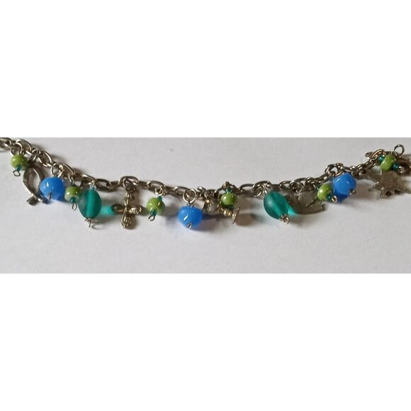 Vintage Art Glass Christian Symbols Charm Bracelet Silver Tone Chain Beads - Picture 11 of 14